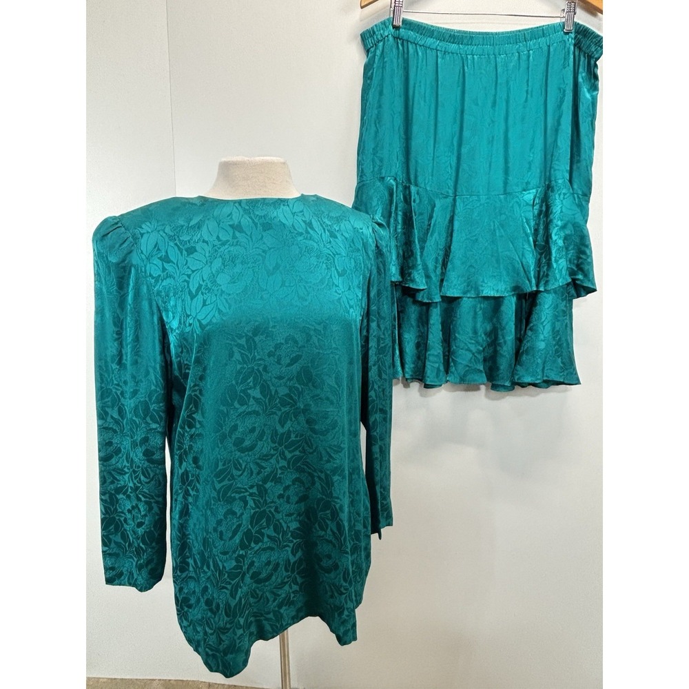 Vtg Silk Studio 2 Pc Skirt Set Outfit Sz 18 Plus Green Shirt Tiered Skirt 90s